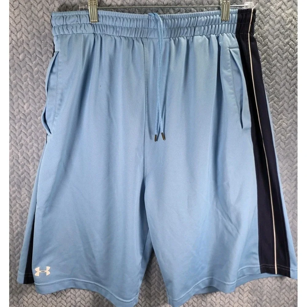 Under Armour Mens Basketball Shorts Blue Striped Athletic Gym VBOD353 Size LG